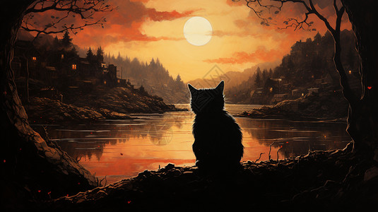 观看日落景观的猫咪图片