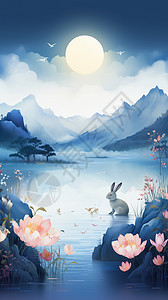 中秋节湖面上的兔子图片