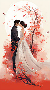 中式情侣卡通插图背景图片