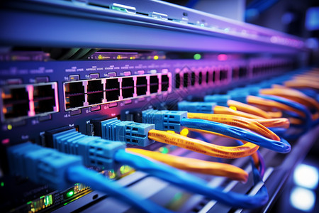 服务器主机数据中心的高速光纤网络端口背景