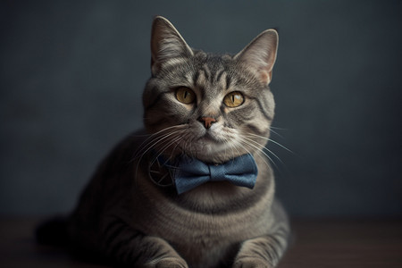 带领结的灰色宠物猫图片