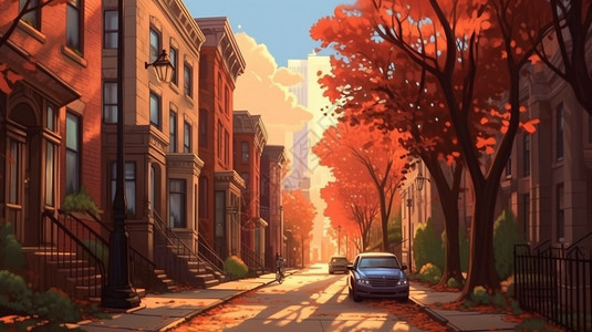 秋季夕阳下的城市街景图片