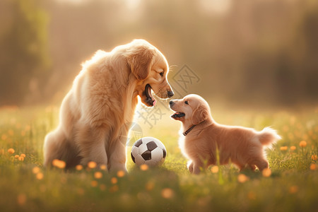 草地上玩耍的幼崽和成犬图片