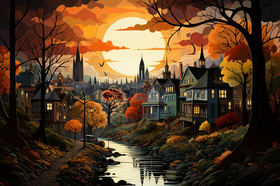 秋天的卡通小镇图片