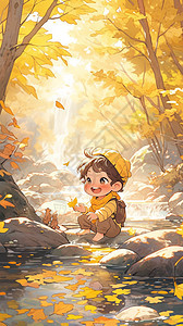 森林河边游玩的小男孩插图图片