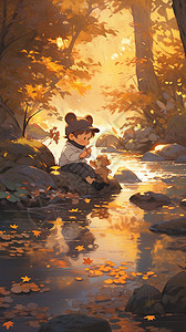 森林河边游玩的小男孩插图图片