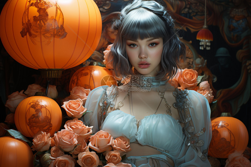 中国风鲜花旁的欧洲美女图片