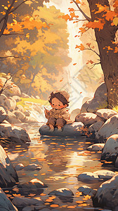 森林石墩上可爱的小男孩图片