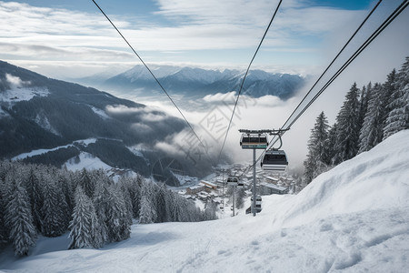 滑雪场上空的电缆索道图片