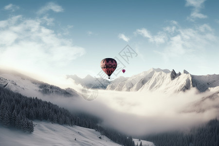 冬季雪山中有一个热气球图片