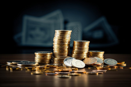财富增长概念桌子上的硬币图片
