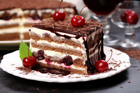 甜品店的樱桃奶油巧克力蛋糕背景图片