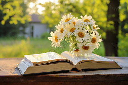 阳光下的雏菊和书籍图片