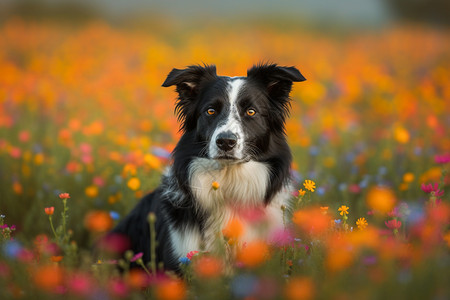花丛中乖巧的边牧犬图片