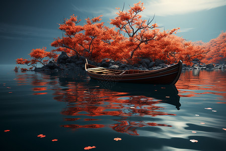 秋天水面寂静的小船图片