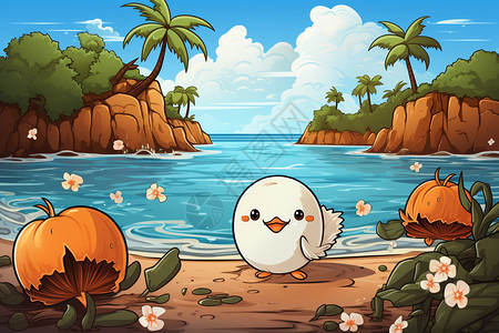 海岸上可爱的卡通椰子蛋图片