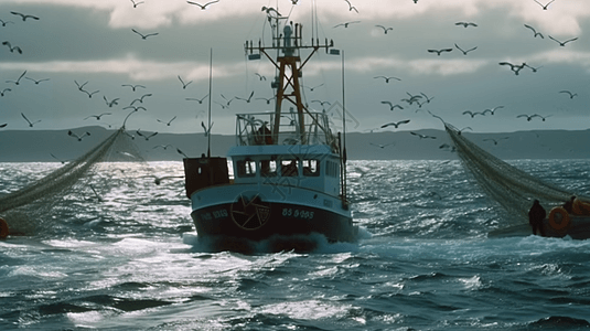 大海上出海捕鱼作业的渔船背景