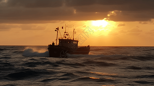日落时海洋上的渔船图片
