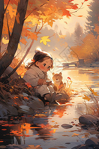 秋天森林河边玩耍的孩子背景图片
