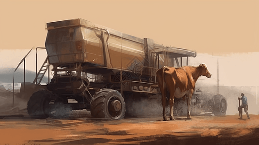 乡村自主喂牛机械的绘画图片