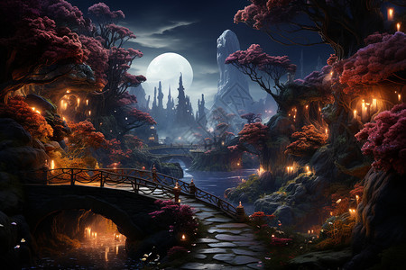 神秘的夜间森林场景图片