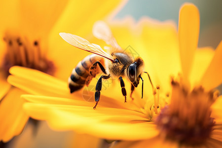停留在黄色花朵上的蜜蜂图片
