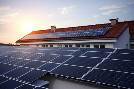 家用光伏屋顶上的太阳能发电板背景