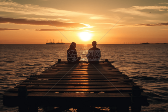 日落时海边木桥上的情侣图片