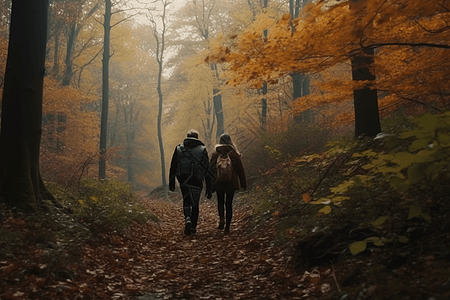 秋天森林中携手同行的夫妇背景图片