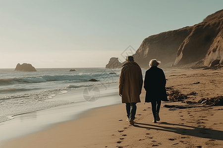 海滩上行走的老年夫妻图片