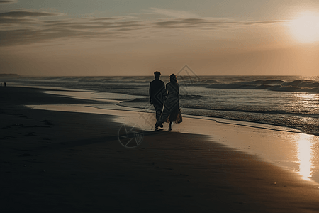 日落时沙滩上散步的情侣图片
