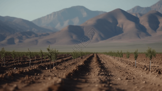 山脉荒野沙漠中种植的树苗图片