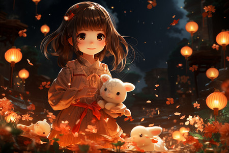 说抱着兔子的女孩在庆祝中秋节背景图片