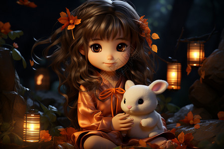 抱着兔子的女孩沉浸在中秋节的氛围中背景图片