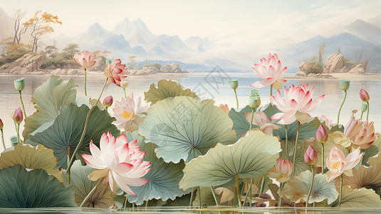 中国精致风格的绘画荷花，荷花池图片