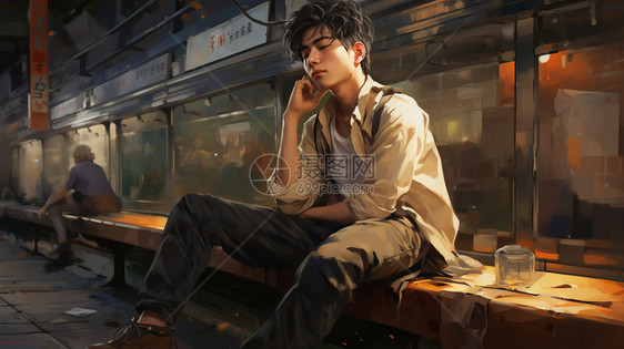 一个年轻英俊的中国小伙子正在车站休息。图片