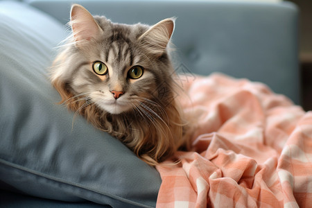 盖着粉格毯子的猫猫图片