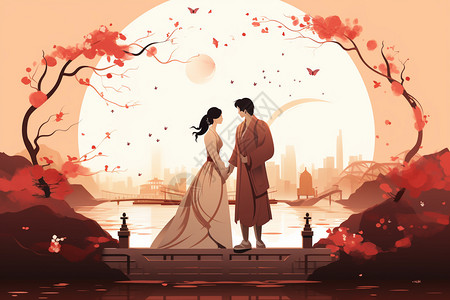 站在鹊桥上的情侣插图图片
