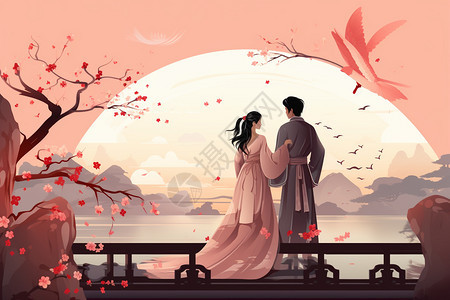 七夕节站在鹊桥上的情侣插图图片