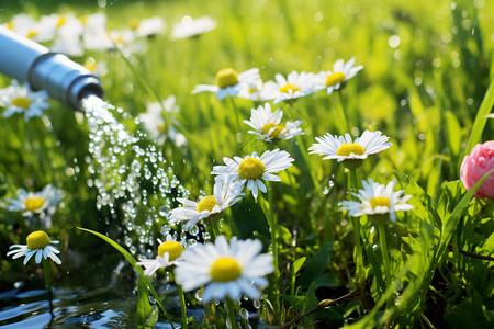 春天小雏菊背景给野花浇水背景