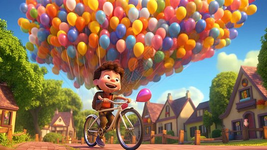 骑自行车拉气球的男孩图片