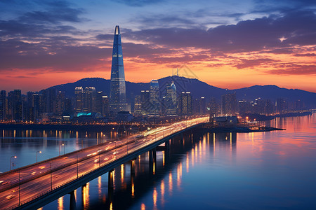 韩国建筑汉江的城市夜景背景