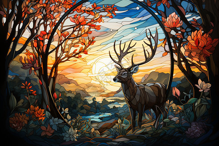 梦幻森林里的麋鹿插画图片