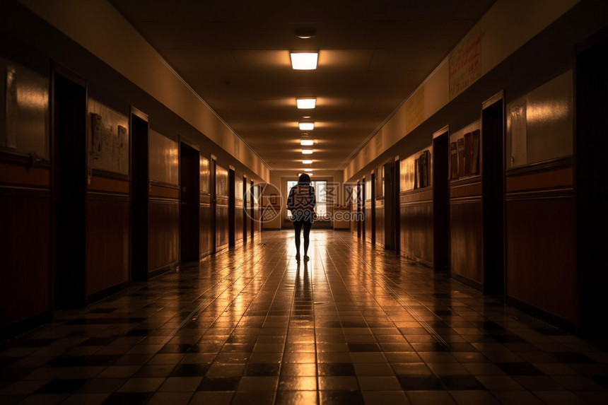 学校空荡荡的走廊上的一个学生图片