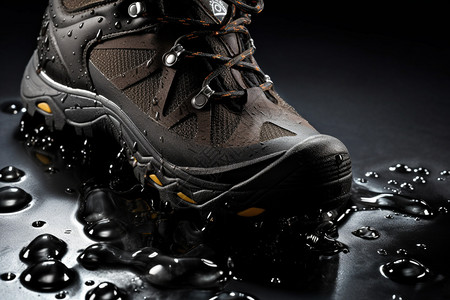 防水透气雨中的防水登山鞋特写背景