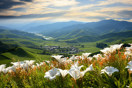 山谷鲜花盛开夏季山坡上盛开的美丽景观背景