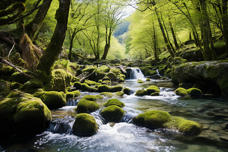 森林中溪流瀑布的自然景观图片