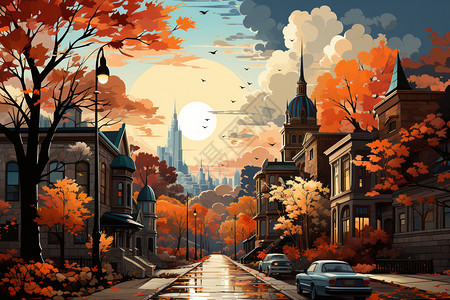 秋天的小镇背景图片