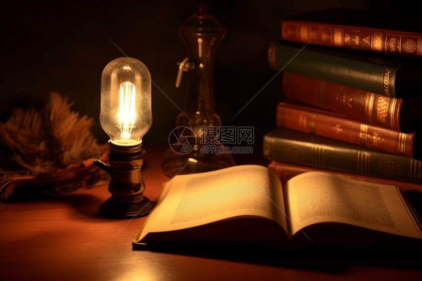 夜晚灯光照亮的书籍图片