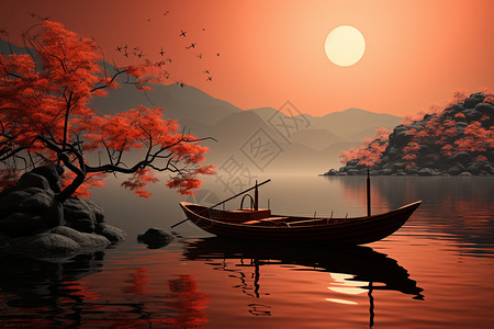 湖面上孤独的木船图片